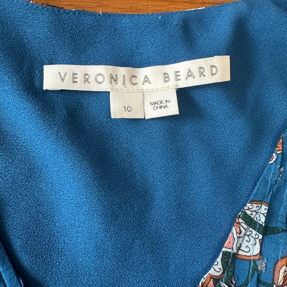 Veronica Beard Lowell Silk Floral Blue Silver Metallic Luxury Blouse, Size 10 - Picture 8 of 13